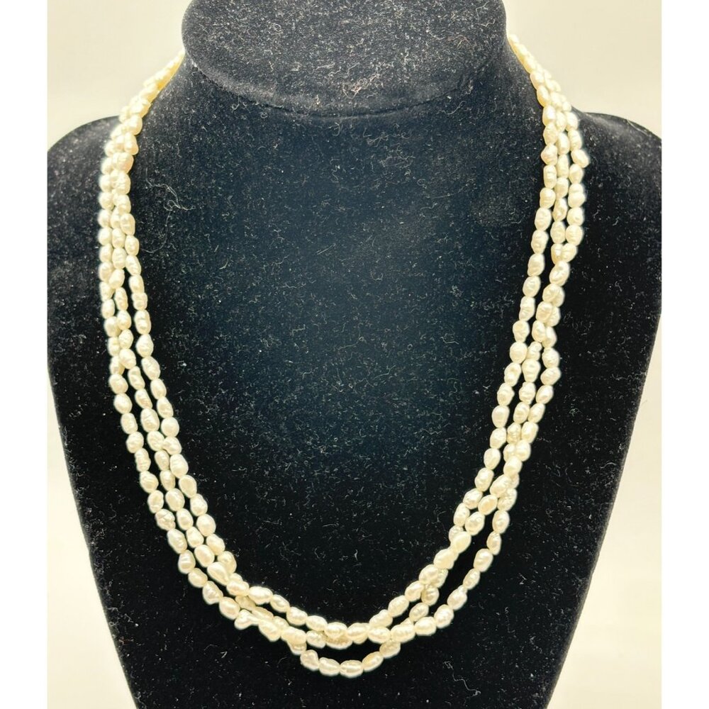 Freshwater Cultured Rice Pearl Triple Strand Vintage Necklace 17"